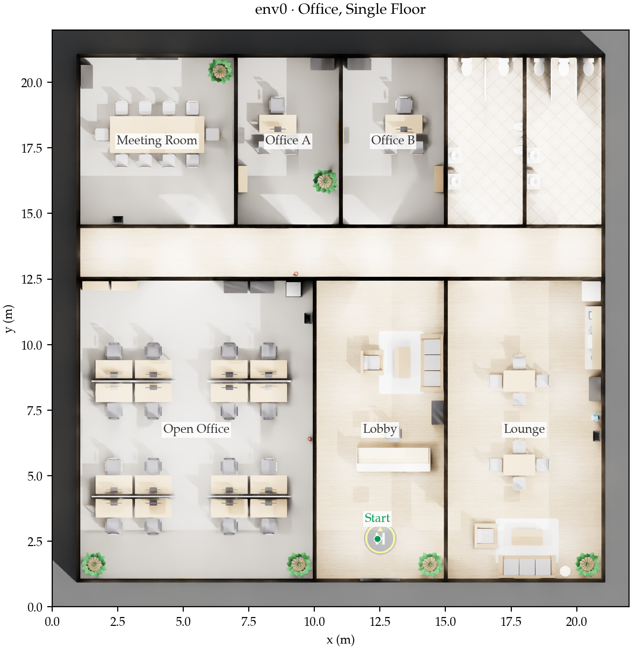 ENV0: single-floor office with meeting rooms, an open office, a lobby and a lounge.